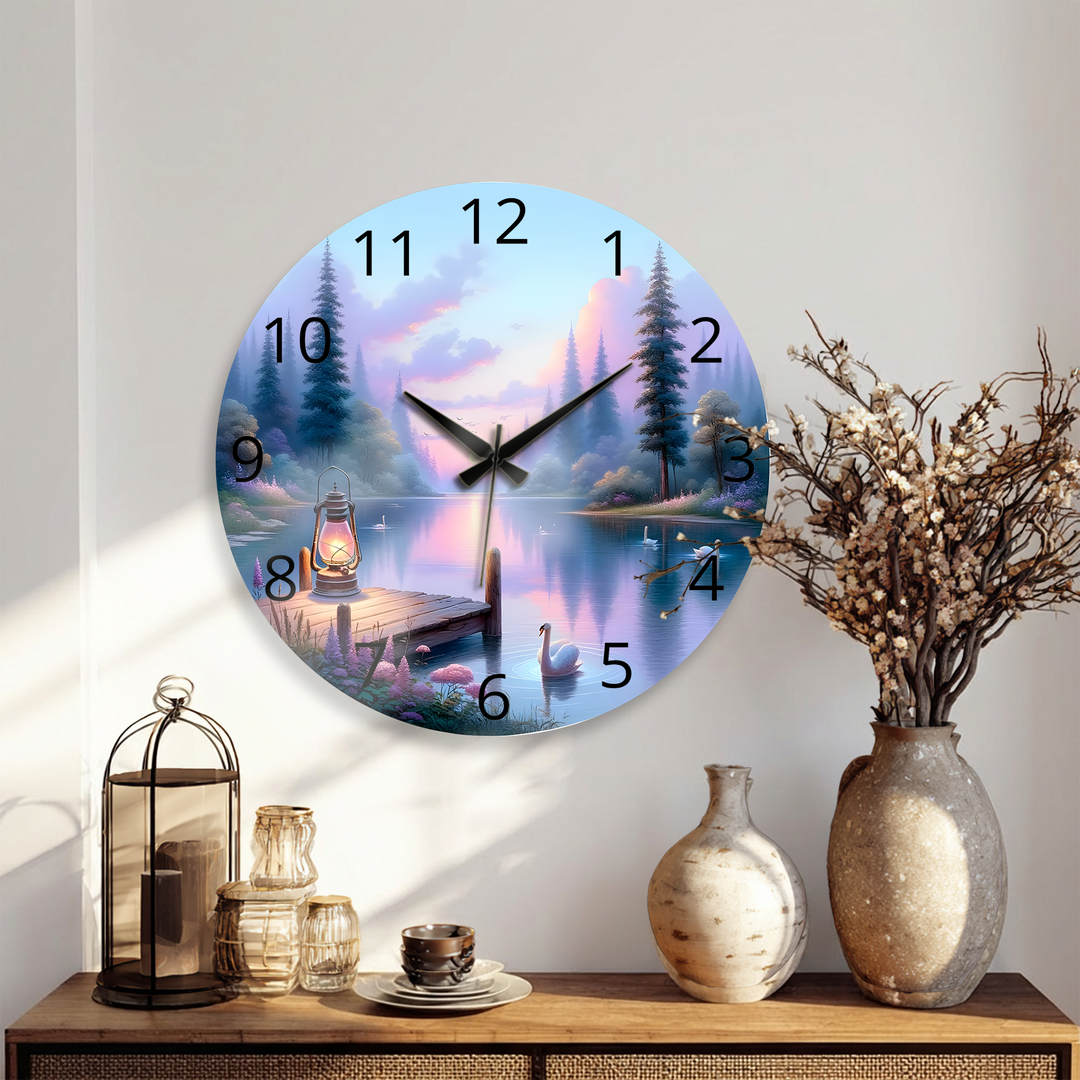 Swan Lake Glass Wall Clock – Pastel Forest Landscape
