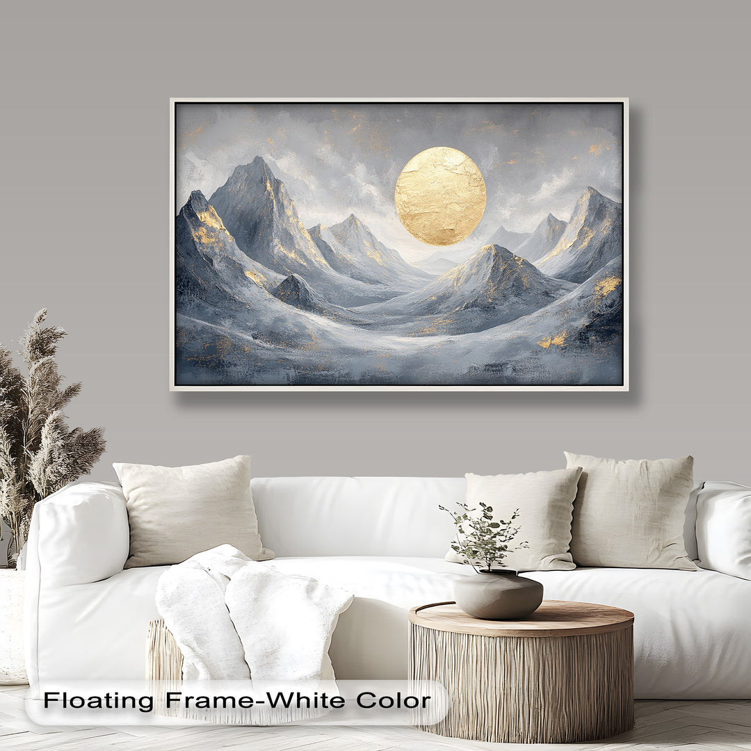 Minimalist mountain painting with golden sun and silver tones.
