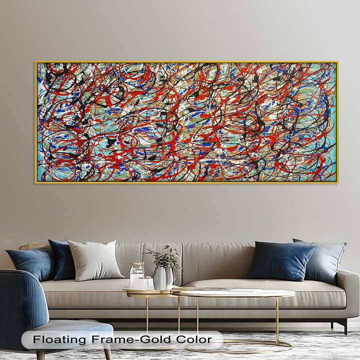 A visually complex tangle of red, black, and blue strokes, forming a dense and captivating web of abstract expression.