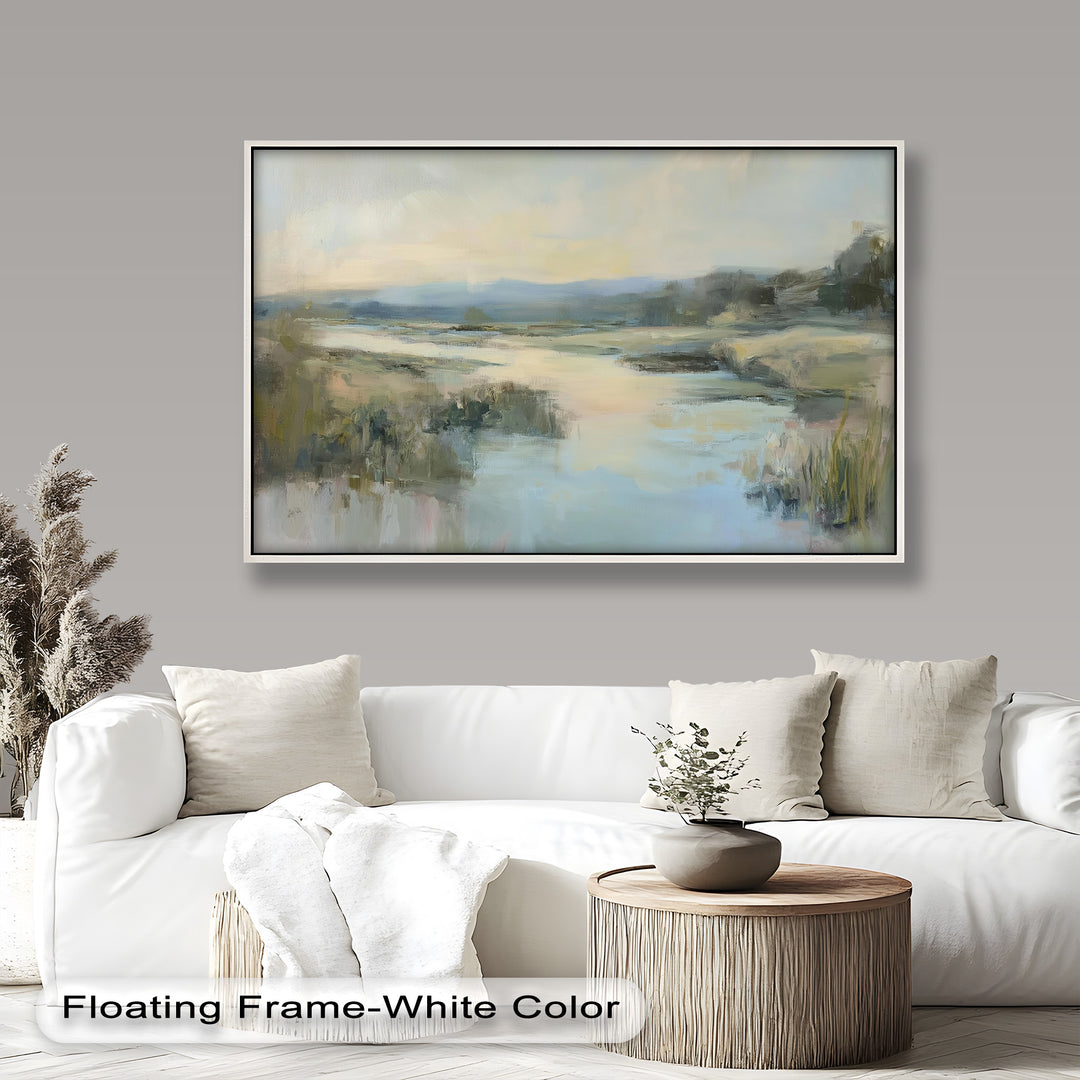A tranquil river flowing through a soft, misty landscape with pastel hues reflecting a peaceful natural scene.