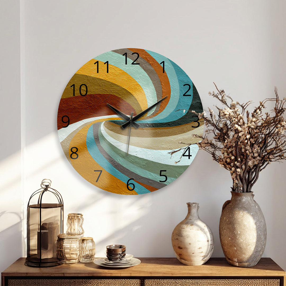 Retro Wave Glass Wall Clock – Teal and Mustard Abstract Decor