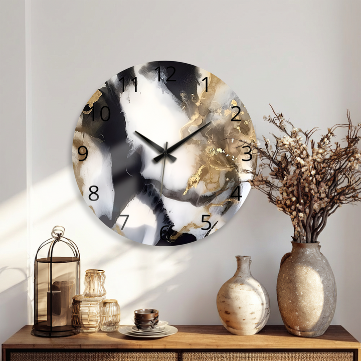 Black and Gold Marble Glass Wall Clock – Abstract Luxury Decor
