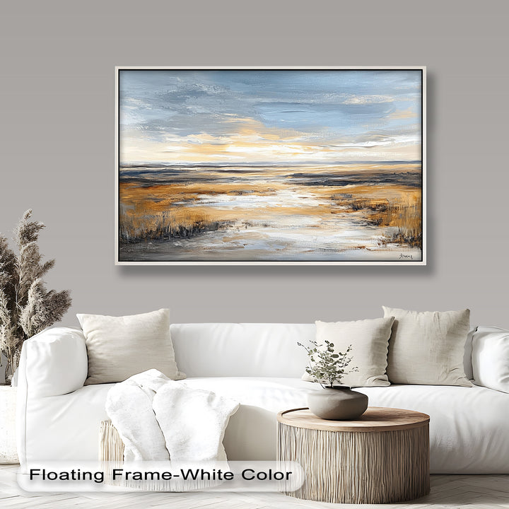 The subtle light reflecting across the landscape creates a dreamy, almost meditative atmosphere perfect for adding calm to any space.

