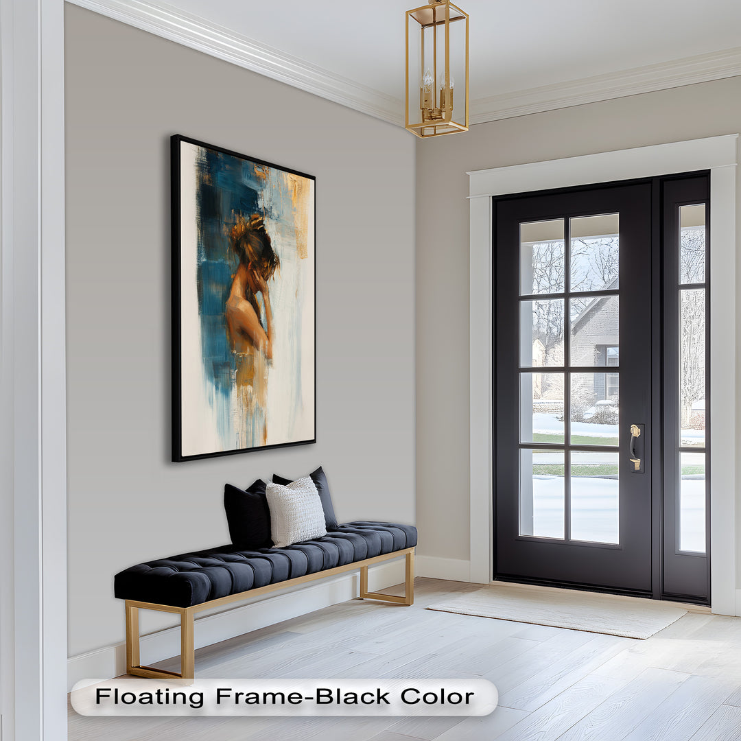 Veil of Thought – Introspective Woman in Blue and Gold Abstract Oil Painting