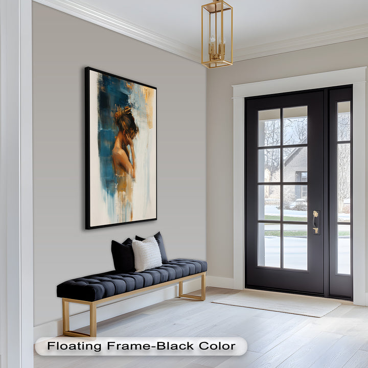 Veil of Thought – Introspective Woman in Blue and Gold Abstract Oil Painting