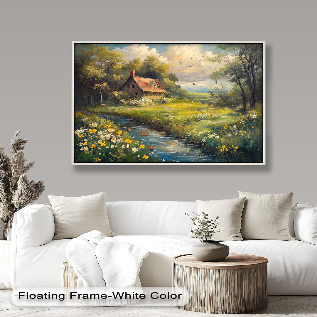 A rustic countryside cottage surrounded by wildflowers and a peaceful stream.
