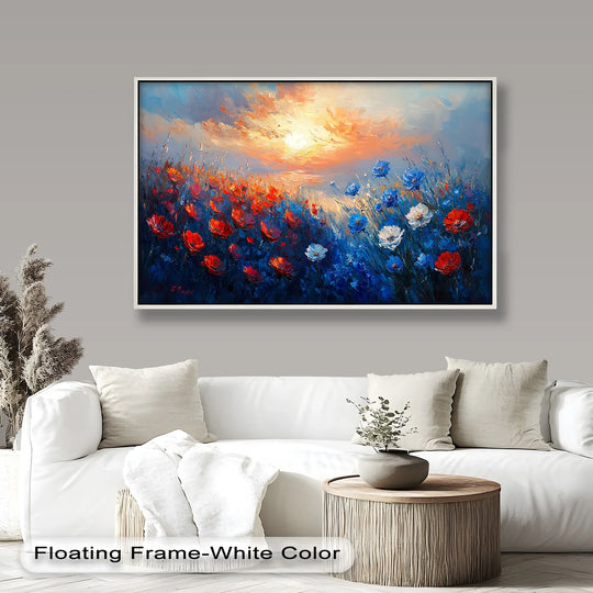 Bold color contrast highlights the sunset in this wildflower symphony oil painting wall art, juxtaposing fiery reds and blues in a textured, colorful horizon flower scene.