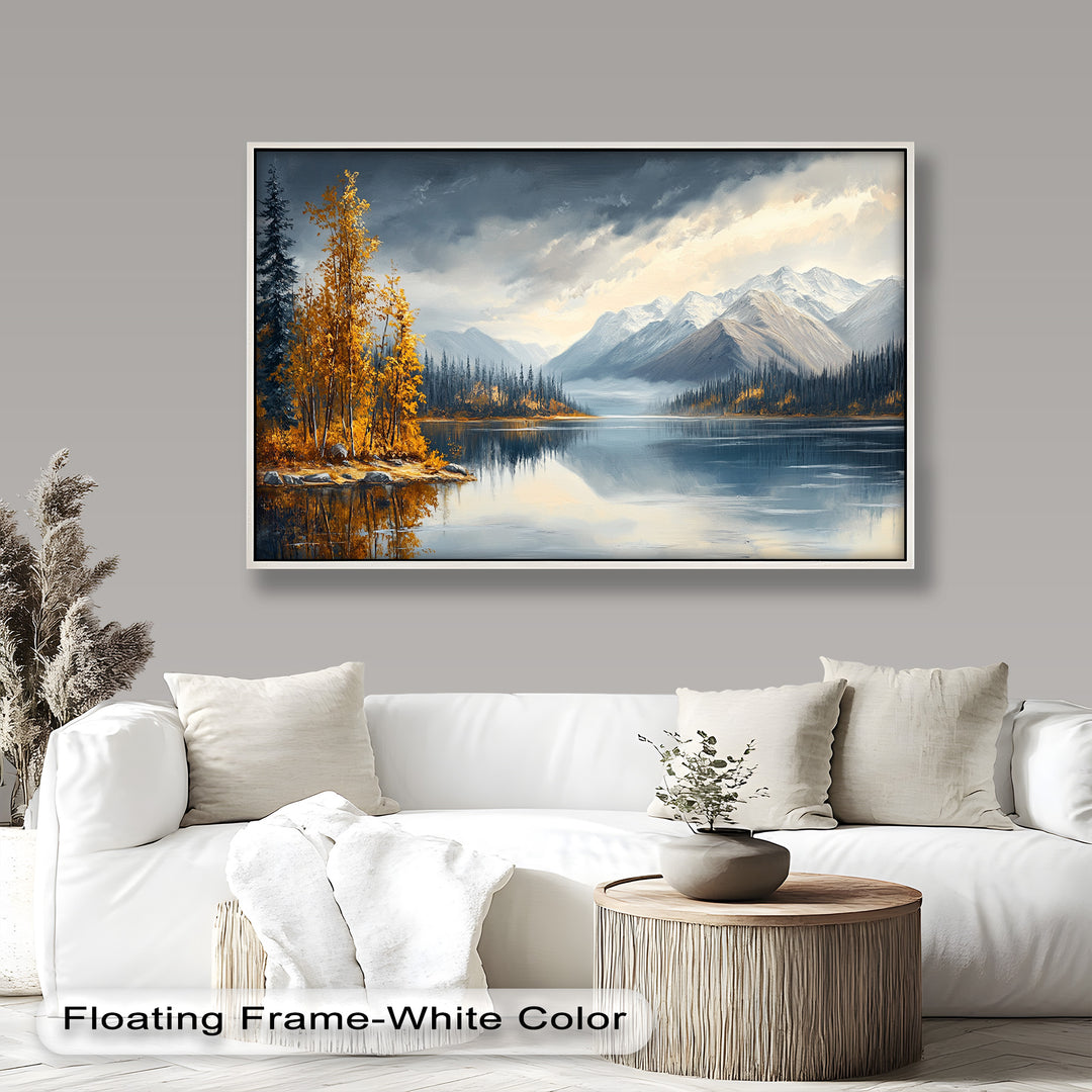 Serene alpine lake artwork with golden autumn trees and snowy mountain peaks.
