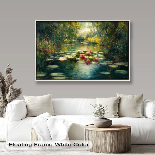 Bathed in sunlight, the tranquil focal point of this impressionist Tranquil Water Lilies in Sunlit Pond oil painting reproduction print draws you into a peaceful dreamscape.