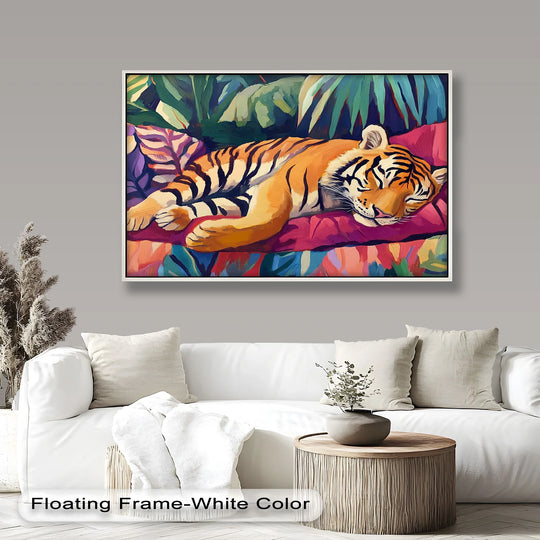 Depicting remarkable depth and layers, this resting tiger oil painting art prints showcases fauvist jungle art through the bold interplay of foreground and background.