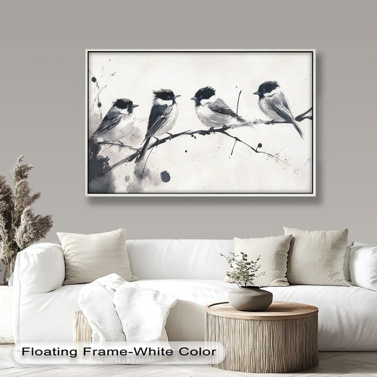 Negative space surrounds the monochrome quartet in this modern oil painting art, emphasizing the four sketched birds perched on a branch.