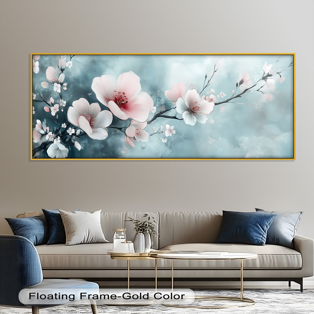 Soft Pink and White Petals on Tranquil Blue - Flower Oil Painting