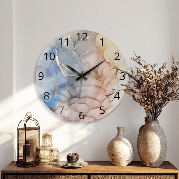 Pastellrosa und blaue Marmorglas-Wanduhr