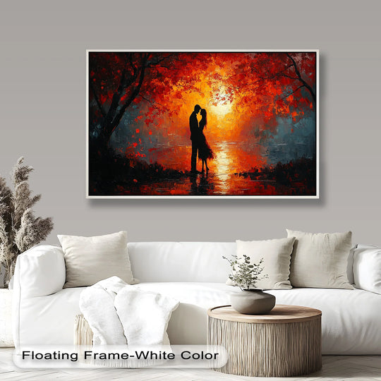 Organic silhouettes embrace under the trees in this passionate kiss beneath autumn flames, a romantic oil painting reproduction print.