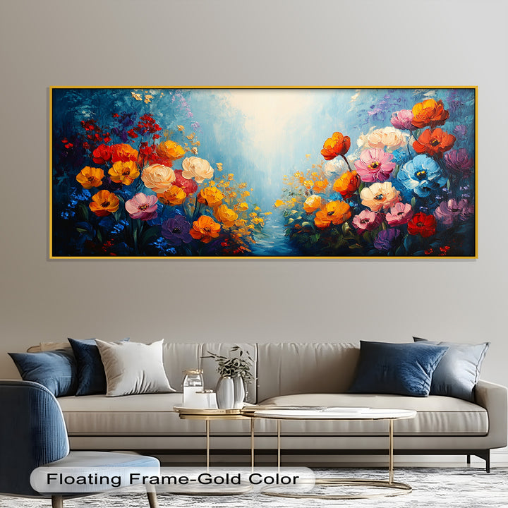 Multicolor Blossoms in Blue Radiance - Flower Oil Painting