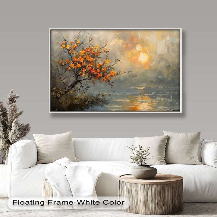 Herbstblätter – Warmes Ölgemälde einer Sonnenuntergangslandschaft