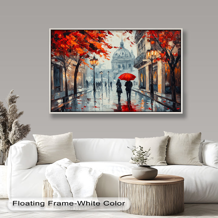 Lovers Walking with Red Umbrella - Love Oil Painting
