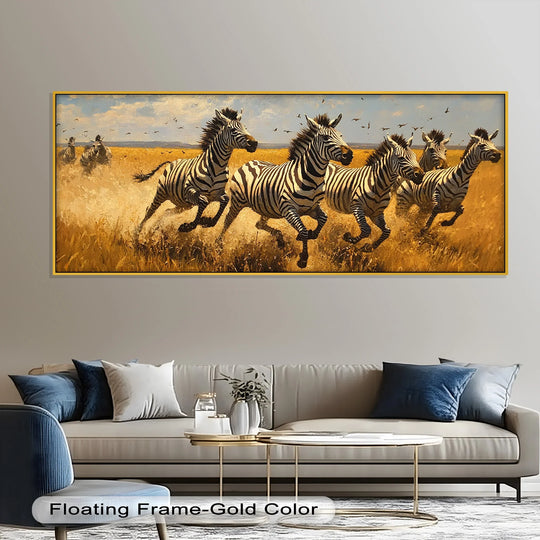 Golden grasslands and blue skies create a dynamic background for this thundering zebra herd oil painting decoration.
