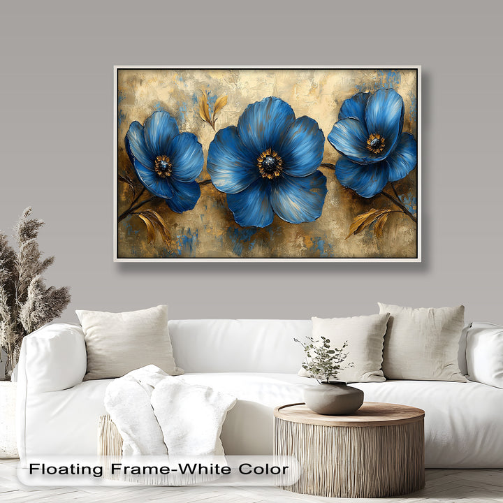 Golden Beige Elegance – Royal Blue Floral Trio Flower Oil Painting