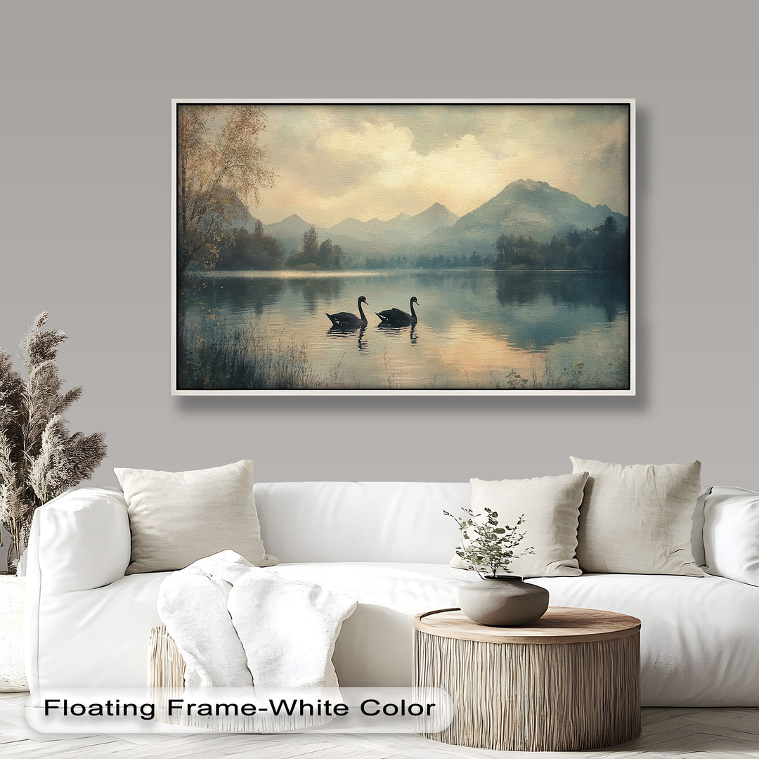 Black Swans on a Mountain Lake – Modern Oil Painting