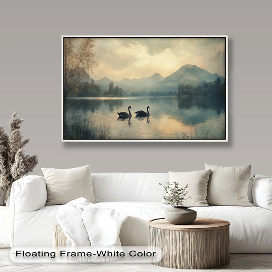 Contrasting dark swans against a serene lake highlight the stunning color contrast in this oil painting home decor featuring a misty mountain landscape.