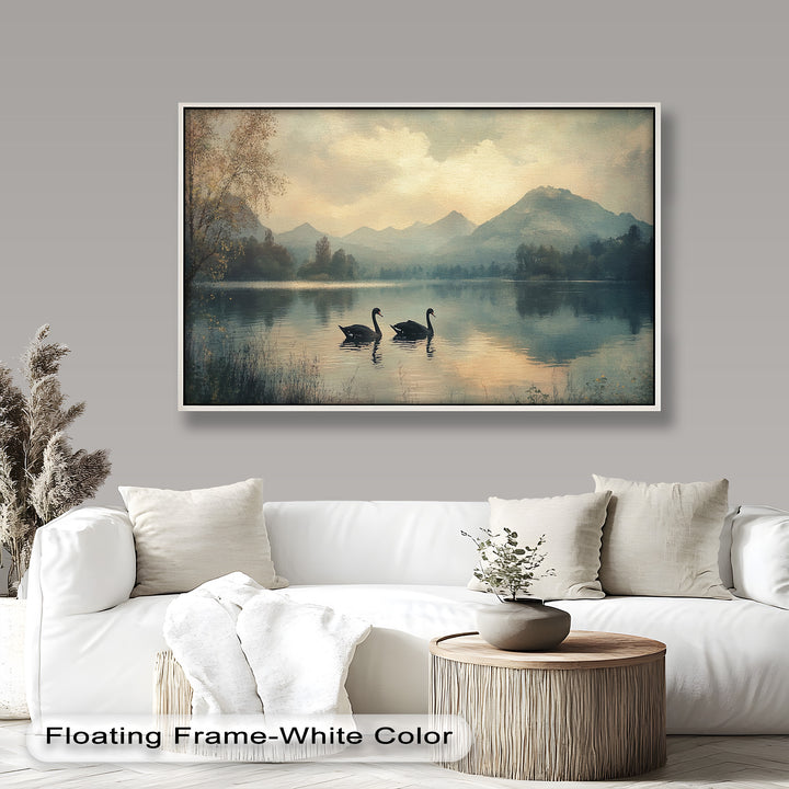 Black Swans on a Mountain Lake – Modern Oil Painting