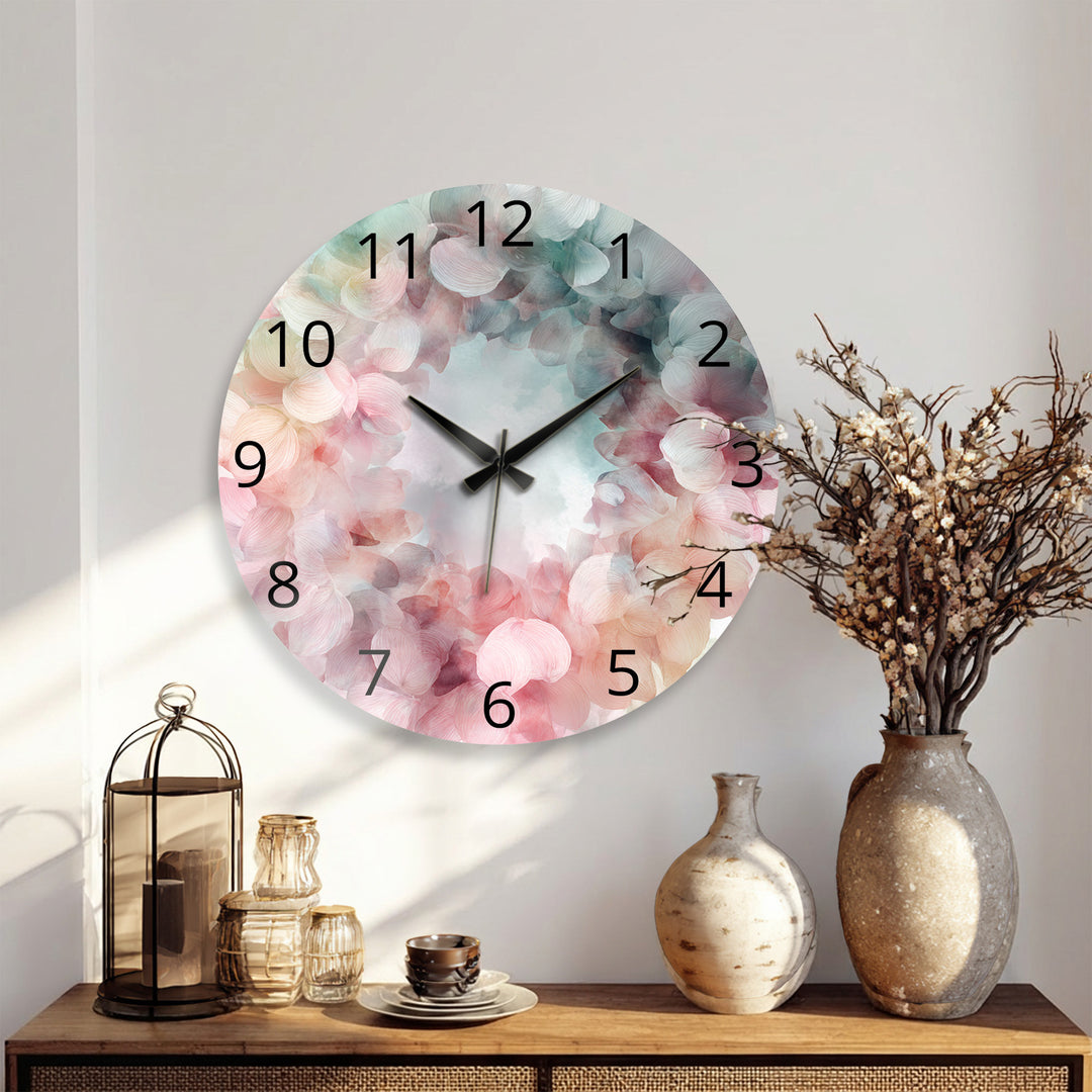 Pastel Hydrangea Glass Wall Clock – Pink Floral Wreath Decor