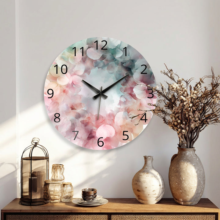 Pastel Hydrangea Glass Wall Clock – Pink Floral Wreath Decor