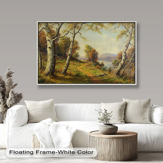 Gentle brushstrokes create a dreamy effect in this vintage oil painting, adding a serene touch to the oil painting artwork depicting a golden path by a peaceful lake.