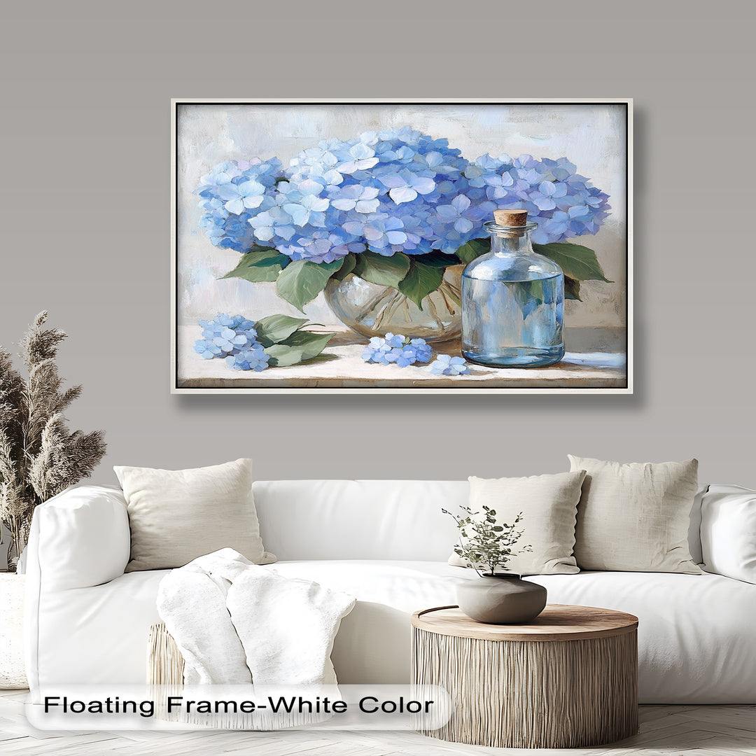 Pastel blue hydrangea floral painting with delicate glass bottle detail.
