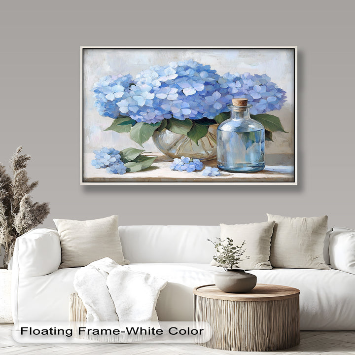 Pastel blue hydrangea floral painting with delicate glass bottle detail.
