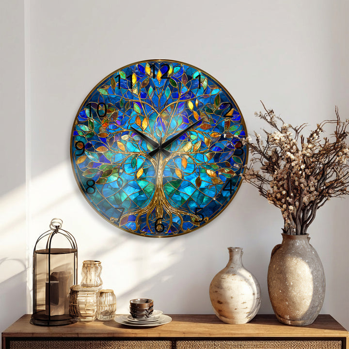 Blue Tree of Life Glass Wall Clock – Gold Stained Glass Style