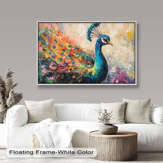 Subtle, textured brushstrokes in the background accent this colorful peacock in blooming hues animal oil painting decoration.