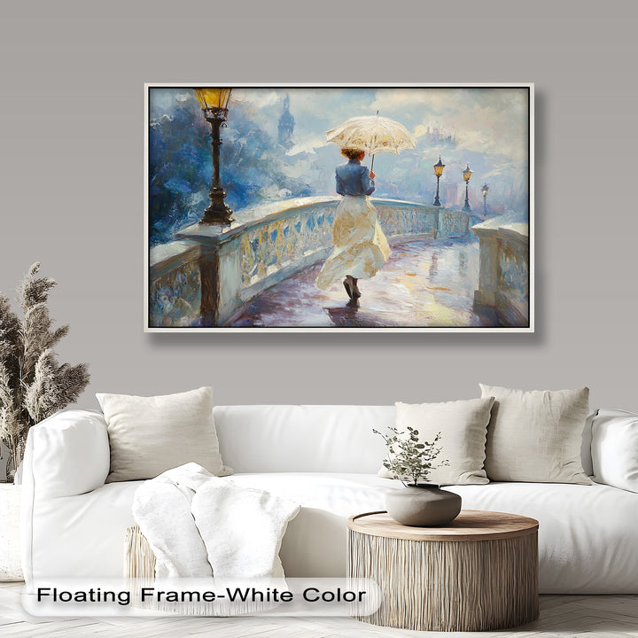 Woman with Umbrella on Cobblestone Bridge – Oil Painting