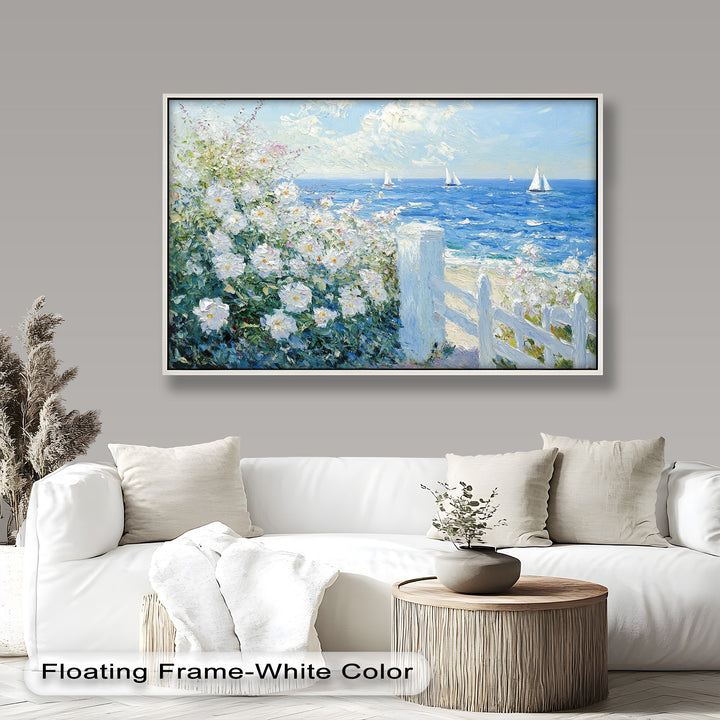 White Rose Garden with Sailboats – Impressionist Oil Painting