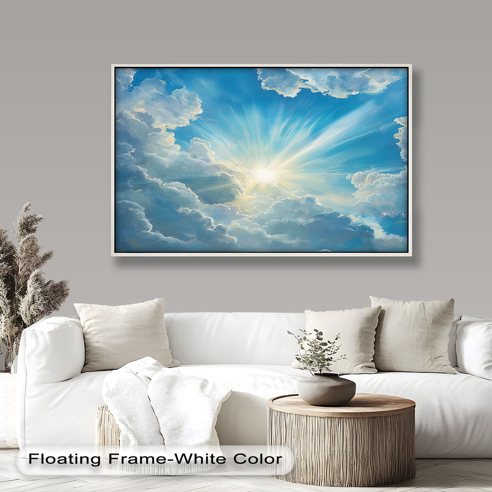 Experience the beauty of light and movement with this captivating cloudscape oil painting. The rich blues and glowing sunrays bring a stunning depth, making this framed wall art a perfect statement piece for modern and traditional interiors alike.

