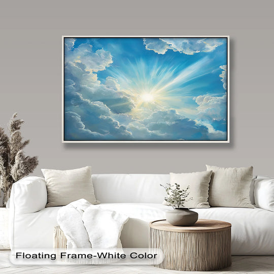 Glowing sun bursts through the clouds in this heavenly clouds and radiant sun luminous sky oil painting reproduction print, its light the central subject.