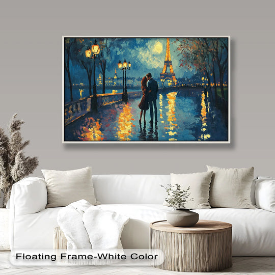 Vibrant oil painting home decor showcases the depth and layers of moonlit Paris, featuring a couple's silhouette amidst shimmering reflections and the iconic Eiffel Tower.