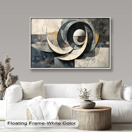 Predominantly monochromatic, this abstract black and white oil painting decoration features a spiraling motion design with metallic gold accents, beautifully framed.
