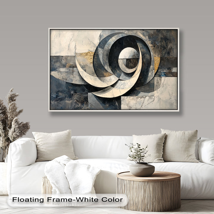 Geometric abstract painting with layered stone textures and metallic gold accents.
