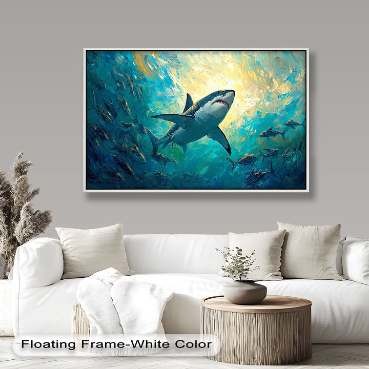 Great White Shark in Sunlit Ocean Depths – Animal Oil Painting