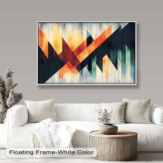 Depth and layers are created in this geometric oil painting artwork through the angular lines and contrasting colors in a bold, modern design.