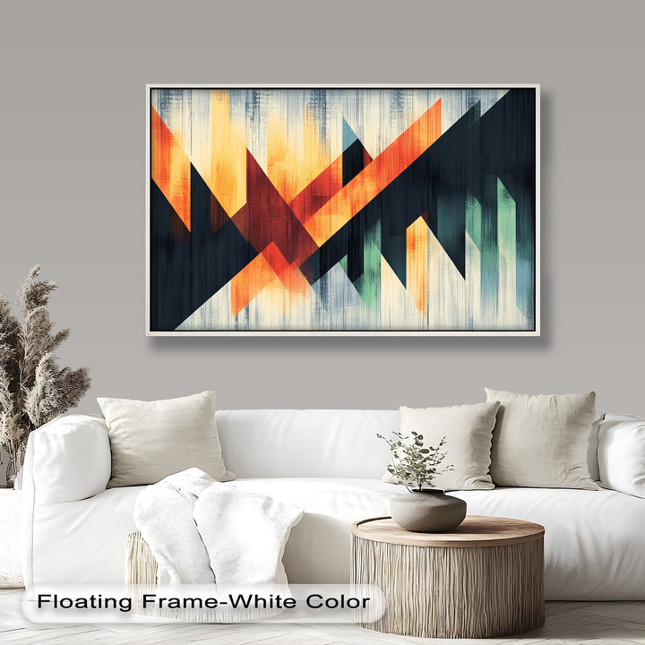 Bold geometric abstract painting with sharp angles in fiery red and gold hues.
