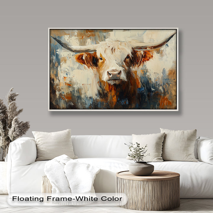 Highland Cow with White Horns – Animal Oil Painting