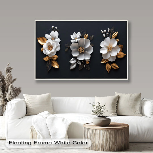 Elegant floral trio oil painting decoration, showcasing three-dimensional white flowers with gold accents against a stark black background.