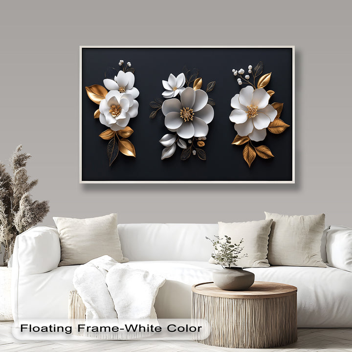 Elegant floral wall art with white blossoms and golden leaves on a dark backdrop.
