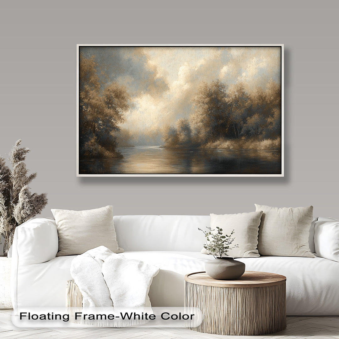Serene river landscape with golden sunlight and misty forest backdrop.
