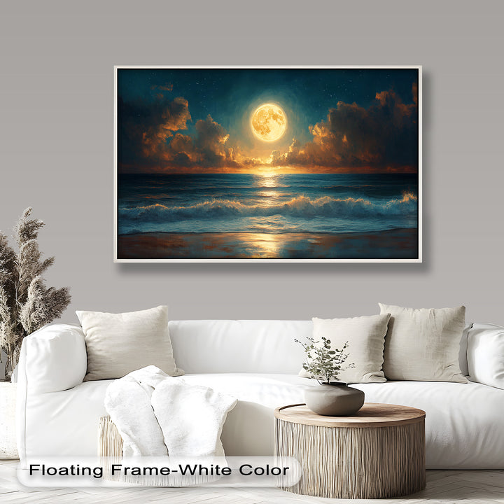Ocean Night Wall Art Decor - Full Moon Seascape Oil Painting