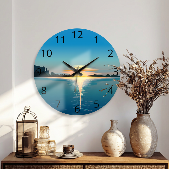 Minimalist Ocean Sunset Glass Wall Clock – Coastal Decor