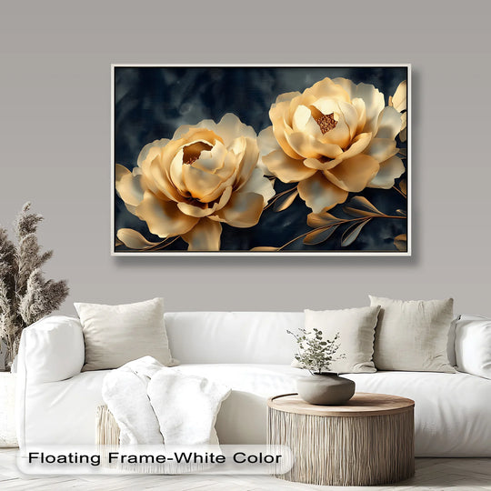 Showcasing the layering effect, this golden bloom elegance flower oil painting presents a multi-dimensional display of the botanical oil painting art prints.